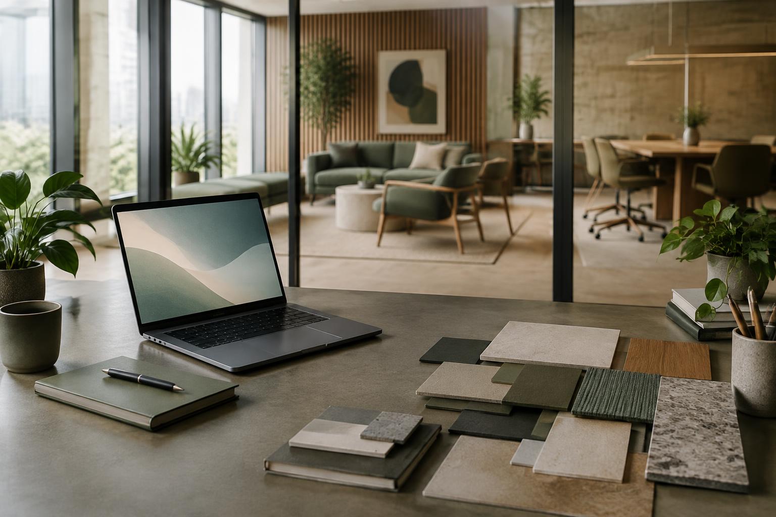 A laptop, notebook and material samples on a desk overlooking a finished office fit-out