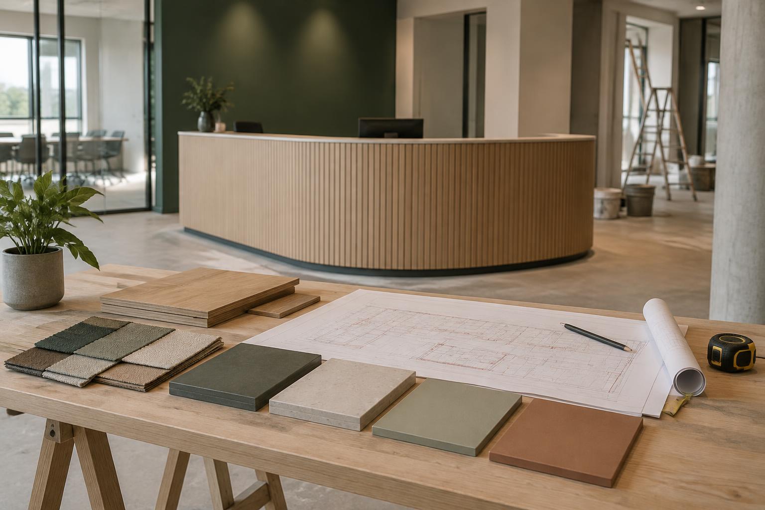 Oak, stone and clay finish samples beside a marked-up drawing in an office fit-out under way