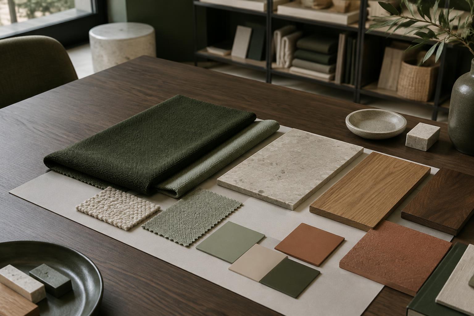 Fabric, stone and timber finish samples laid out for approval on a meeting table