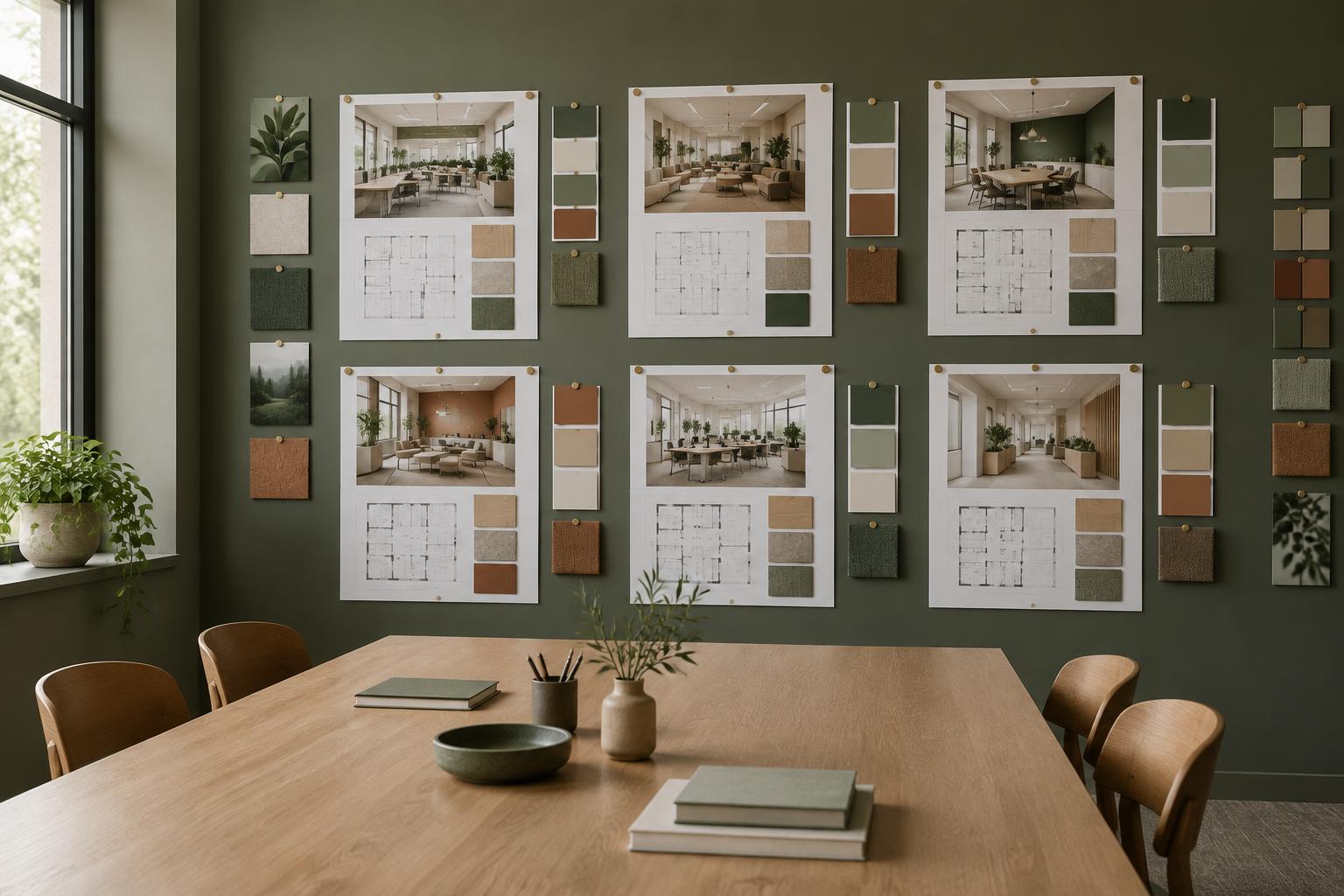 A wall of pinned sheets and finish samples for several fit-out projects above a meeting table