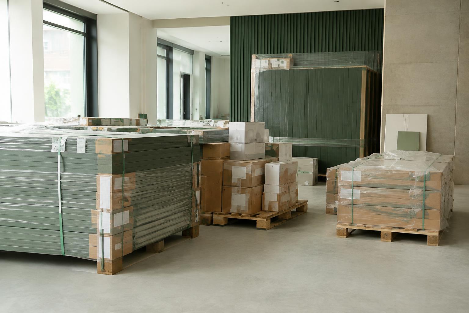 Wrapped joinery panels and boxed fittings staged on pallets in a commercial interior under fit-out