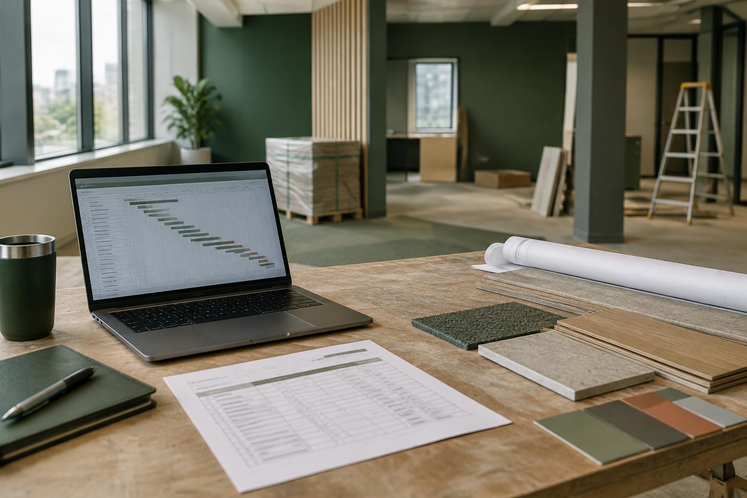 A laptop showing a programme, a printed schedule and flooring samples on a site table in an office fit-out