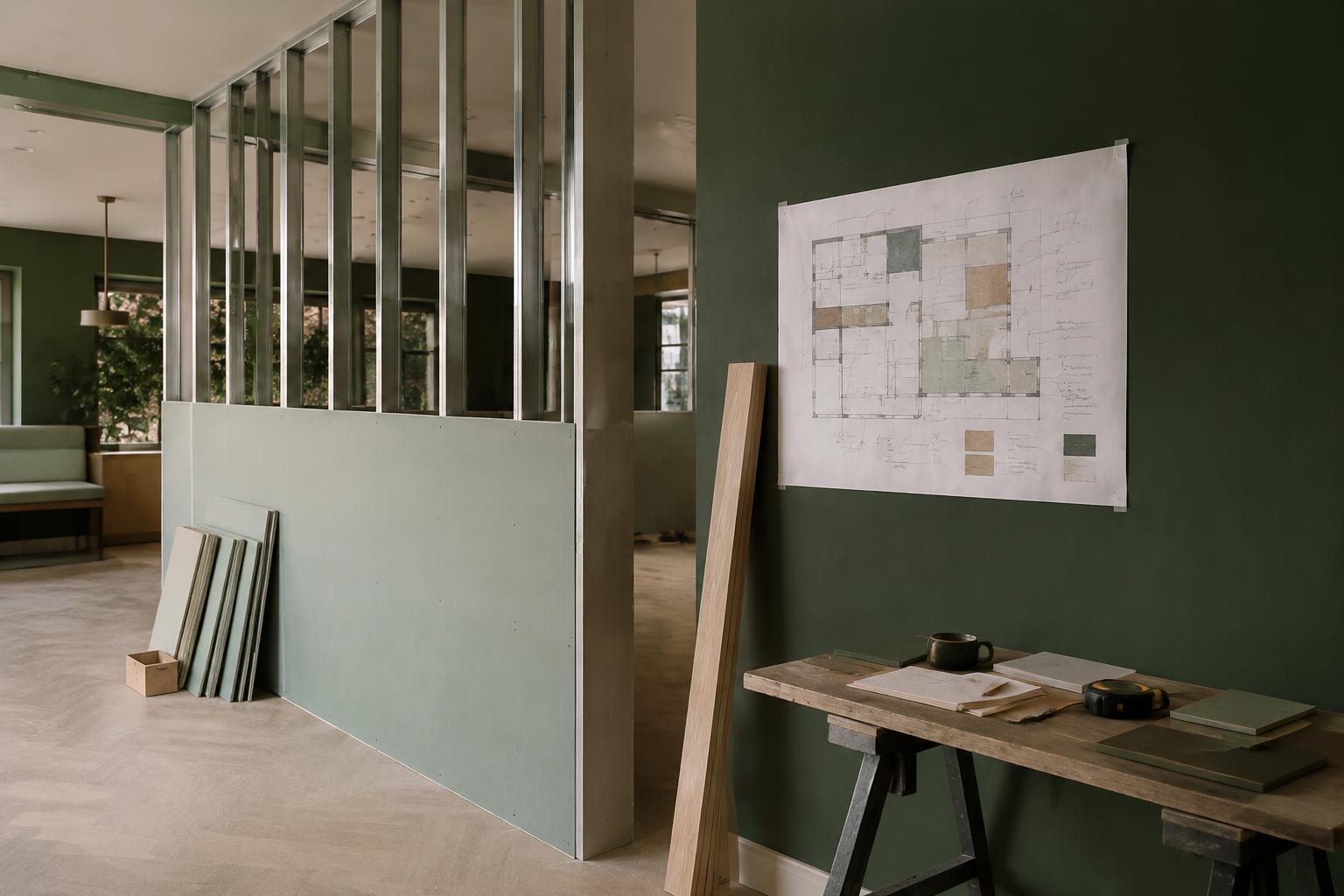 A part-built partition in a hospitality fit-out with a marked-up layout drawing pinned to the wall